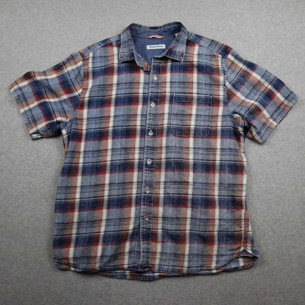 Tommy Bahama Shirt Mens Large Short Sleeve Plaid Blue Red Cotton Button Down